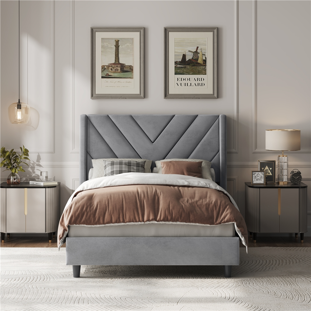 Renwick Twin Size Upholstered Platform Bed, Light Gray photo 1