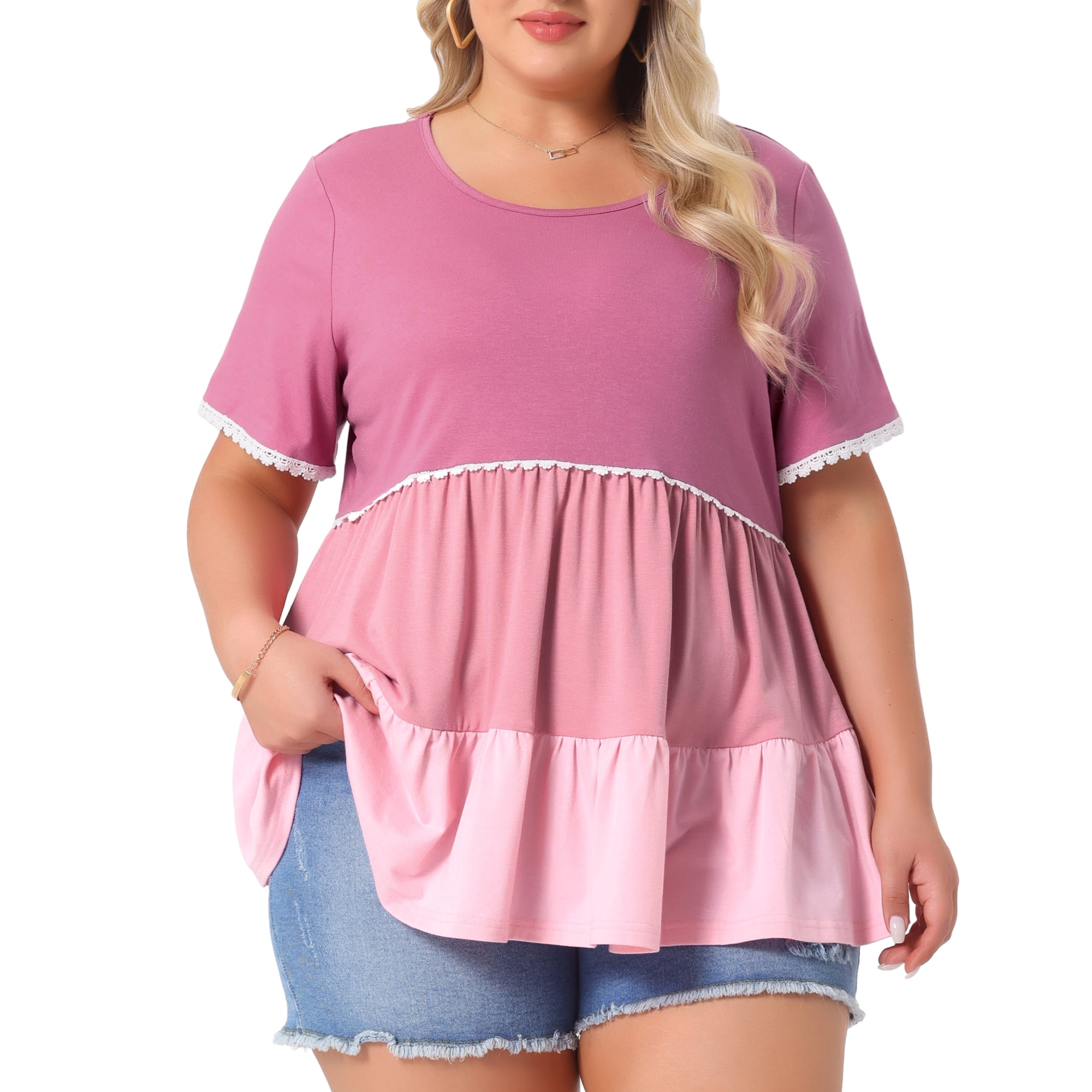 DARING DIVA Women's Plus Babydoll Ruffle Short Sleeve Casual Blouse 1X Dark Pink