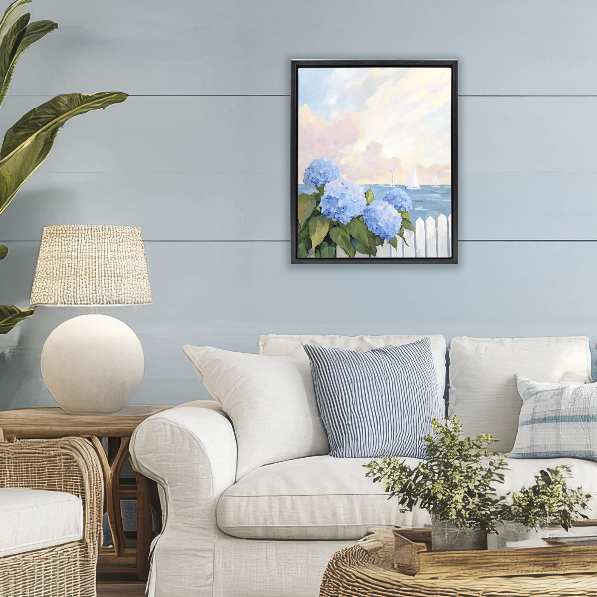 Stupell Industries Hydrangeas By The Sea Black Framed Floater Canvas Wall Art, design by Creative Studio