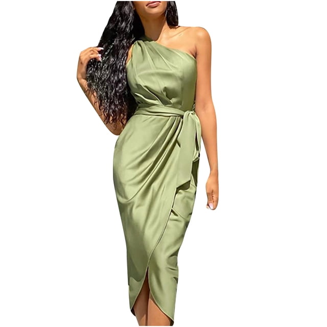 Fridja Lady Solid Color Irregular Slanted Shoulder Belt Slim Fit Satin Dress