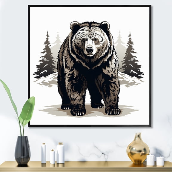 Designart "Curious Winter Forest Bear II" Animals Framed Wall Art - Traditional Black Bear Hallway Framed Wall Art Decor