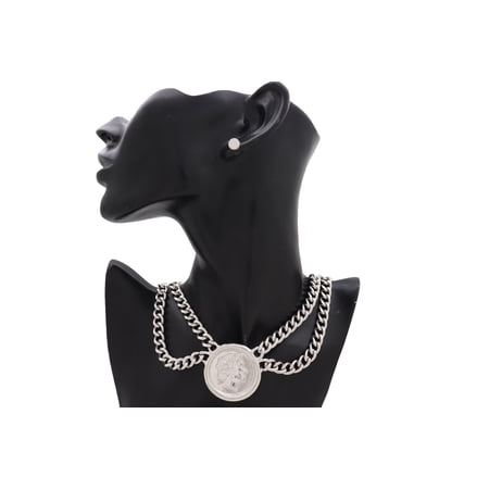 Women Silver Metal Chain Necklace Greek Coin Pendant Jewelry Set