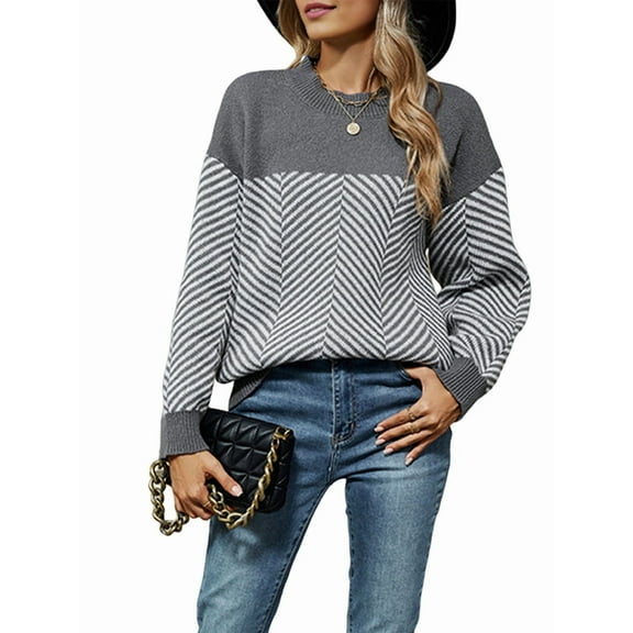 Cable Knit Striped Sweater for Women Crew Neck Oversized Long Sleeve Pullover Fall Winter Sweater Grey XL