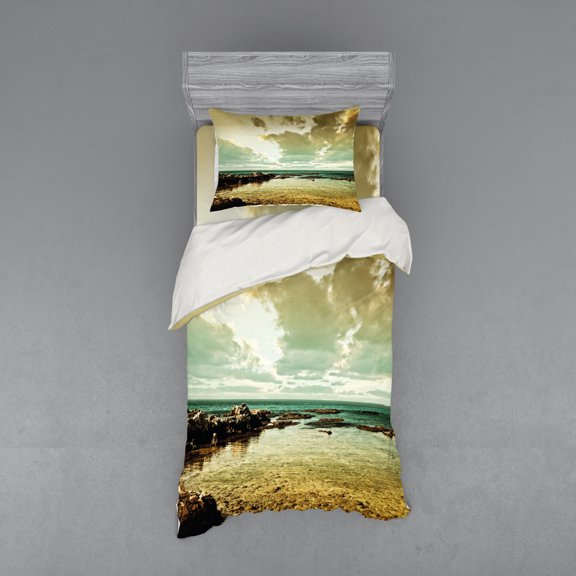 Ambesonne Landscape Bedding Set 3 Pcs, Ocean Island Scenery, Twin XL, Beige Sepia Teal