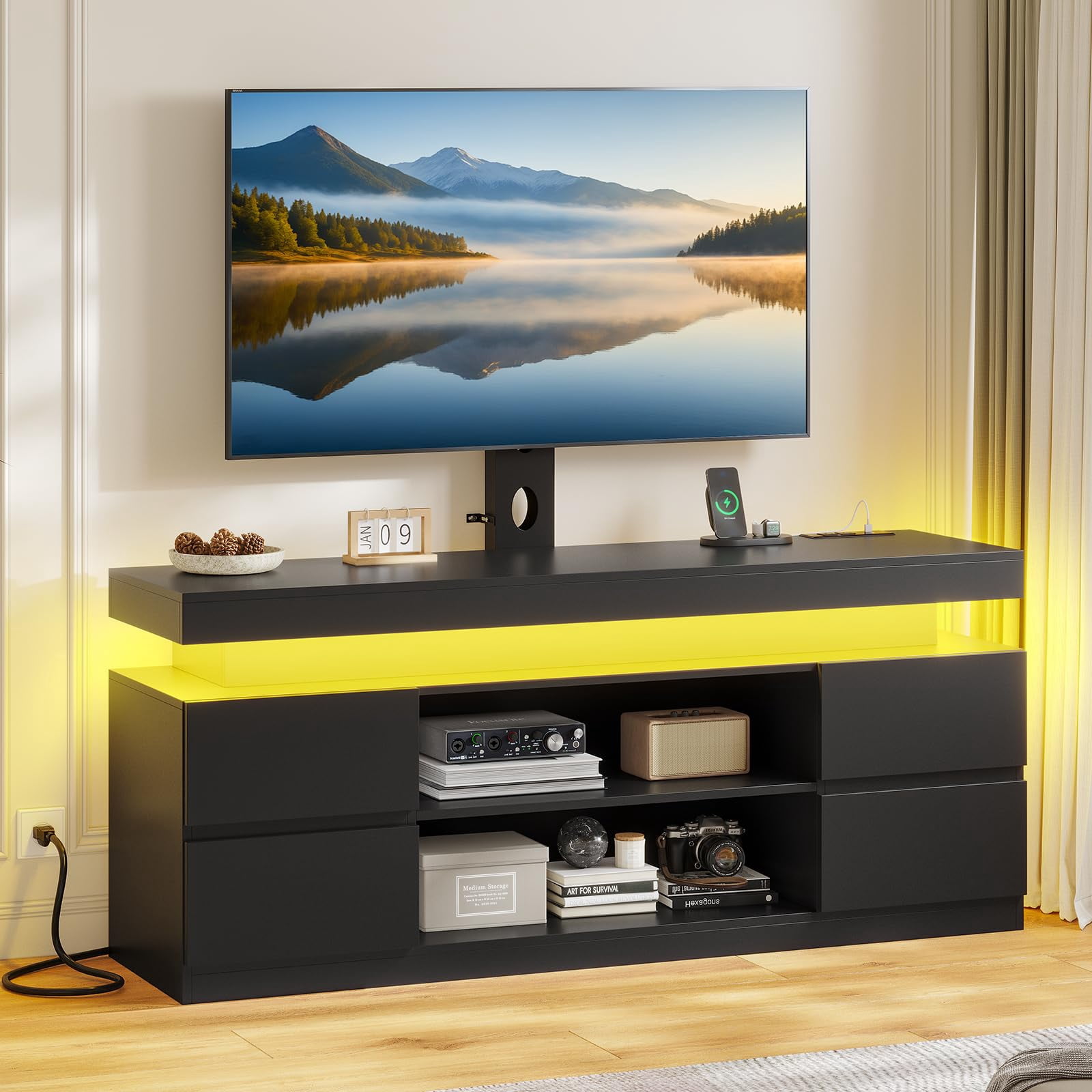Afuhokles TV Stand with Mount and Power Outlet, TV Mount for TVs up to 75 inch TV, Modern LED TV Stand with Shelves and 4 Drawers, Black