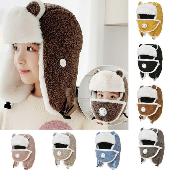 Cheers.US Cartoon Winter Hat Ski Cap for Girls Boys Windproof Thermal Fleece Trapper Hat with Earflap Face Warmer Plush Liner Flap Hat Face Cover Outdoor Warmer Set