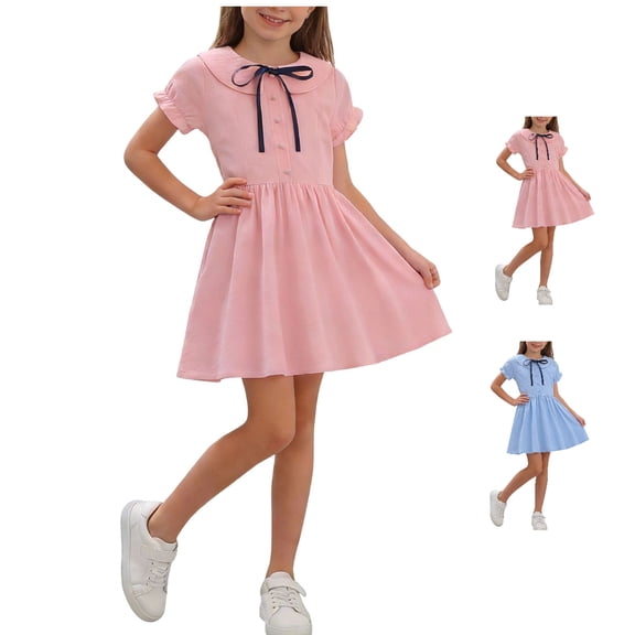 Afuyipoi Girls Short Sleeve Button-Down Dress (5-12 Years) Elegant Solid Color Peter Pan Collar Summer A-Line Dress with Bow Accent Pink 7/8
