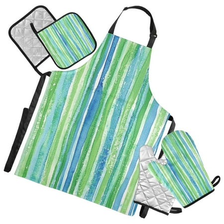 

Simple Green Lines Oven Mitts and Pot Holders with Chef Apron Set 5 Pcs Kitchen Cooking Set