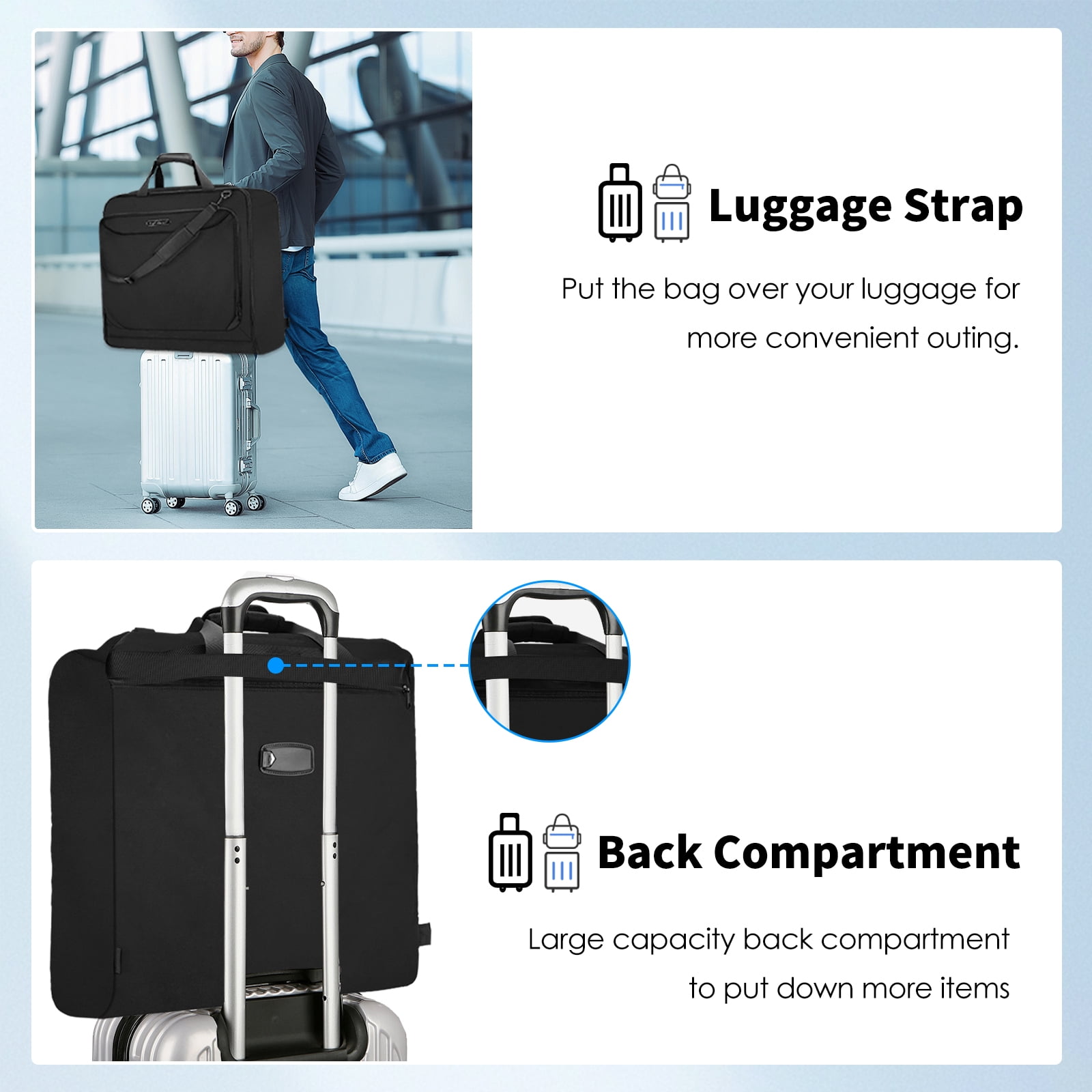 Garment Bags for Travel, Lychee Large Foldable Carry On Garment Bags with Shoulder Strap for Men Women, Business Luggage Suits Case Bag for Hanging Clothes, Black