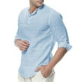 thumbnail image 2 of UVEASISHA Cotton Linen Henley Shirts for Men Roll Up Long Sleeve Button-up Collarless T-Shirt Loose Fit Casual Golf Shirts Summer Lightweight Beach Shirt Light Blue S, 2 of 5
