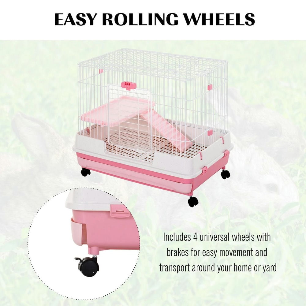 Barara King Large Rabbit Coop, Rabbit Coop, Outdoor Rabbit House,2-Level Small Animal Cage Rabbit Hutch with Wheels, Removable Tray, Platform and Ramp, Pink
