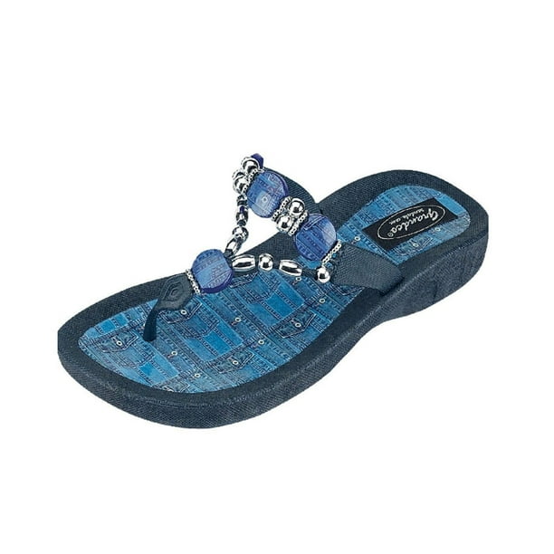 blue denim flip flops