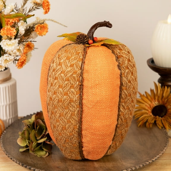 Northlight Burlap and Jute Woven Tall Fall Harvest Pumpkin with Berries - 10.5" - Orange and Brown