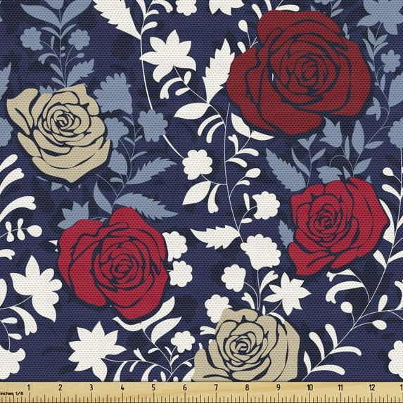 Jacobean Fabric by the Yard Upholstery, Romantic Pattern of Botanical Silhouettes and Blooming Roses Garden Art, Decorative Fabric for DIY and Home Accents, 3 Yards, Indigo and Multicolor by Ambesonne
