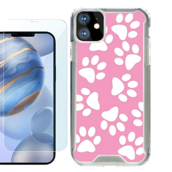 For Apple iPhone 12 Case, iPhone 12 Pro Case, Hybrid Bumper Phone case, with Tempered Glass Screen Protector, by OneToughShield ® - Pet Paw/ Pink