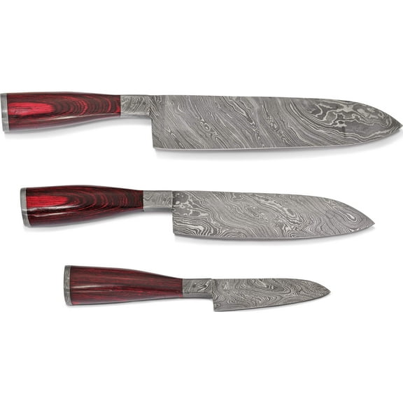 Fashion Set Of 3 Damascus Steel 256 Layer Pakka Wood Handle Knives Made In Pakistan knchef
