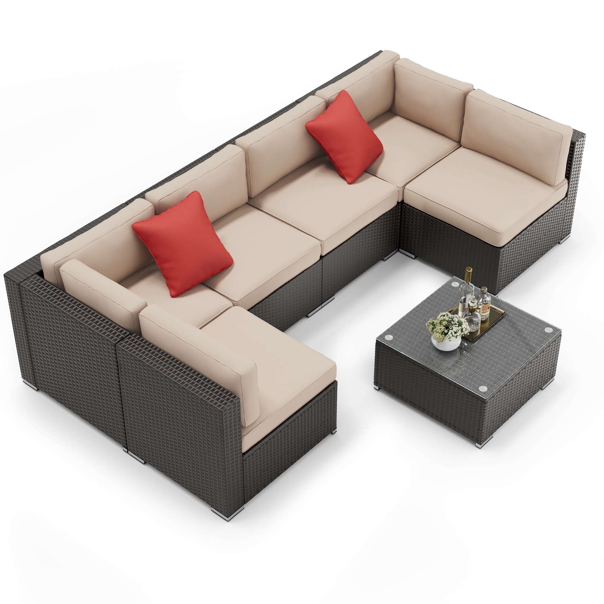 SUNCROWN 7-Piece Outdoor Patio Furniture Sofa Set All-Weather Black Wicker Sectional Conversation Set with Modern Glass Coffee Table and Cushions, Backyard, Garden, Deck, Brown