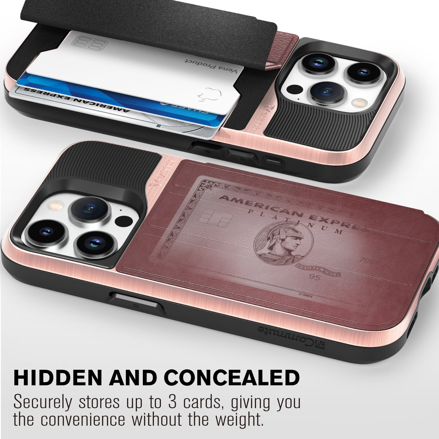 VENA vCommute Wallet Case Compatible with Apple iPhone 15 Pro (6.1"), (Military Grade Drop Protection) Flip Leather Cover Card Slot Holder with Kickstand - Rose Gold / Red / Black