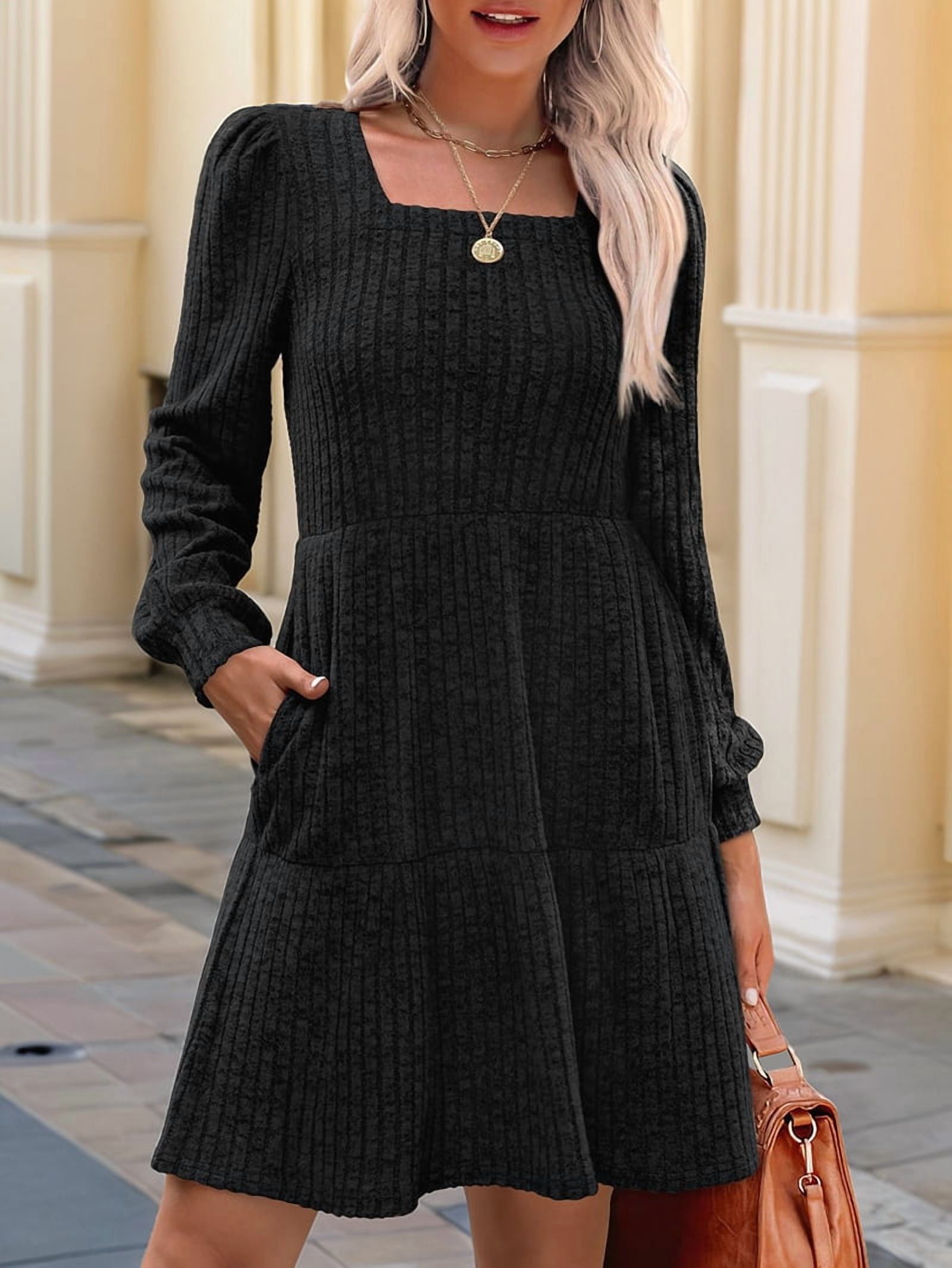 Womens Square Neck Long Sleeve Fall Dresses Casual Babydoll Sweater Dress Black L