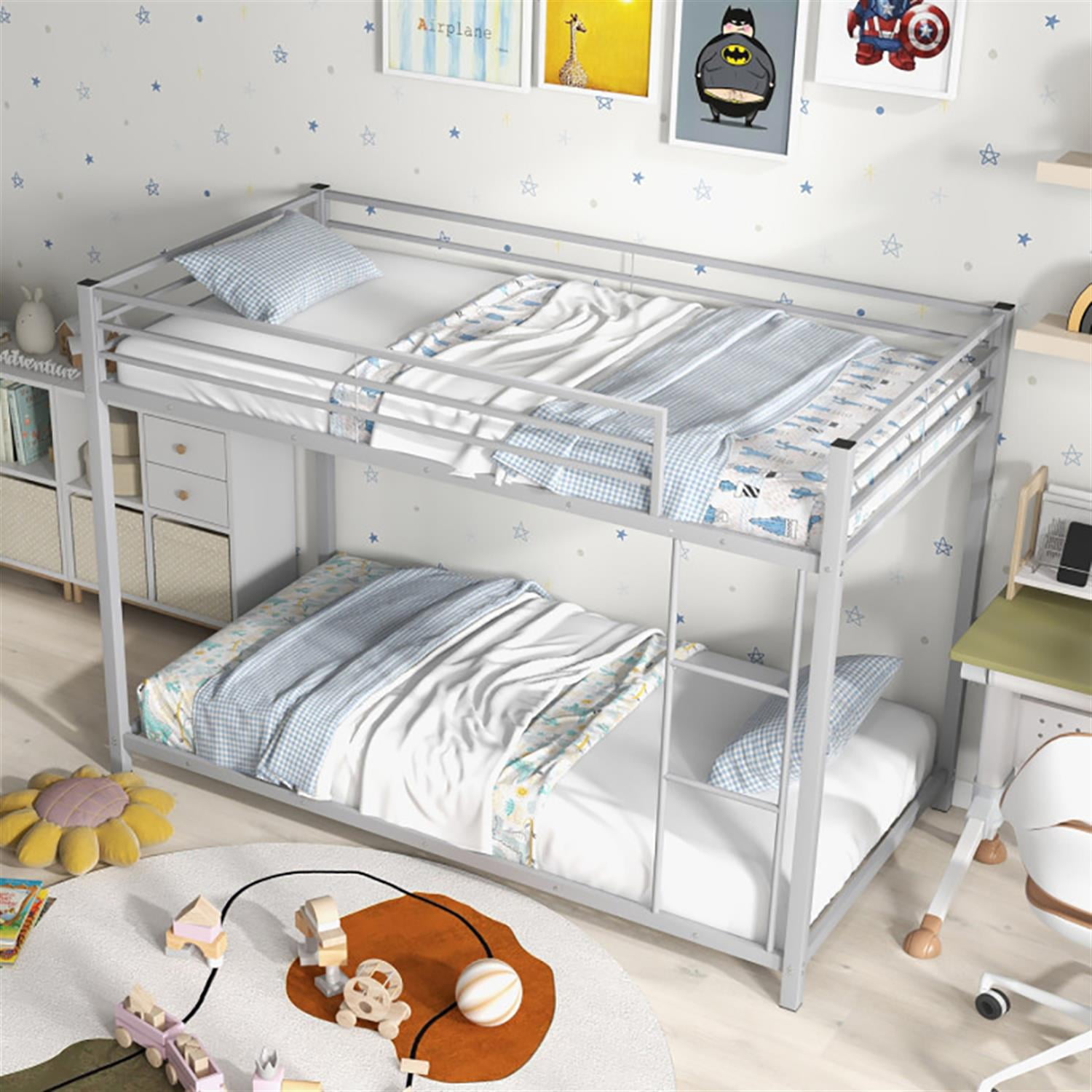 Demi Bonn Low Profile Twin Over Twin Bunk Bed with Full-length Guardrails, Sturdy Metal Twin Bunk Beds, Bed Frame, Silver