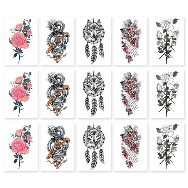 15 hojas de tatuajes temporales para mujeres, pegatinas de tatuaje, juegos de tatuajes para adultos