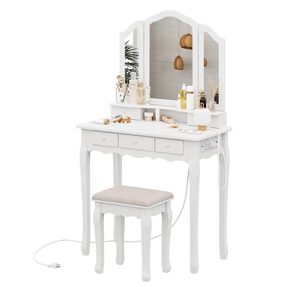 Vanity Table with Charging Station and Cushioned Stool, Makeup Vanity