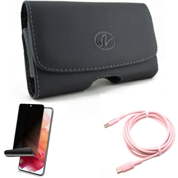 Case Belt Clip w Privacy Screen Protector w Pink 10ft Long Cable for Samsung Galaxy S21 Plus - Leather Swivel, TPU Film Fingerprint Works, USB-C to Type-C PD Fast Charger Accessory Bundle