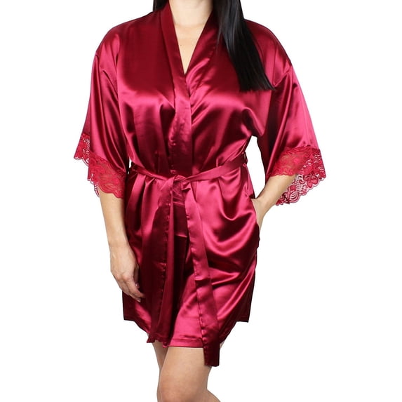 Women's Satin Kimono Bridesmaid Silky Short Robe Lace Trim Sleeves and Pockets