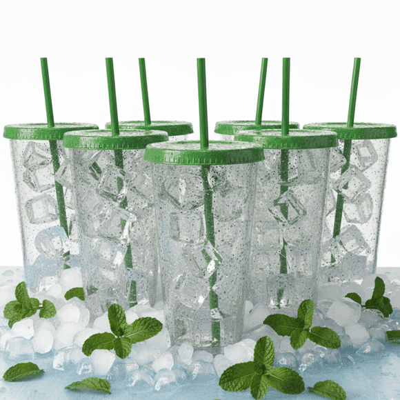 15 vasos glitter con tapa y popote 710 mL reusables