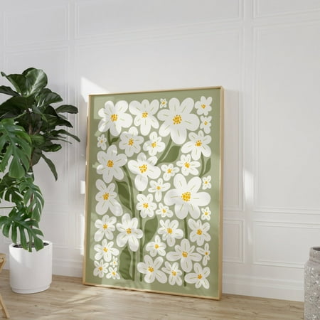 Daisy Floral Illustration Sage Green Boho Wall Art, 8x12 UNFRAMED