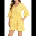 thumbnail image 2 of Vestido Bohemio de Verano para Mujer 2025, Informal, con Cuello en V, con Volantes, Minivestido Floral, Estilo Babydoll, Vestido Veraniego Pequeño. Amarillo L, 2 of 10