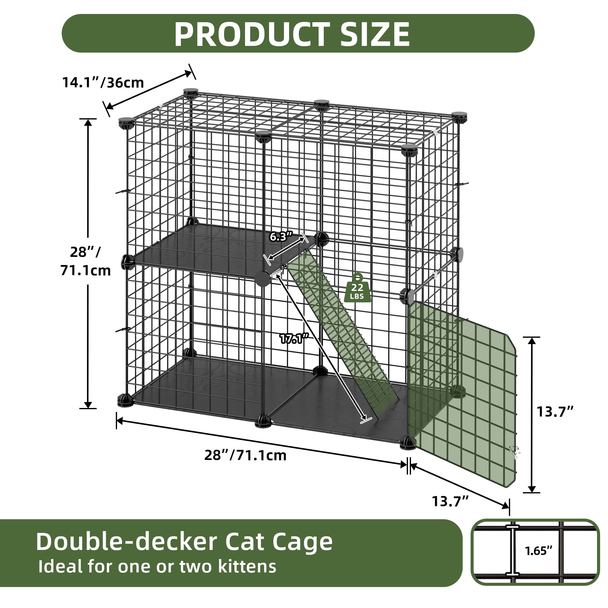 Uforic 2-Tier 28" Cat Cage & Playpen – Metal Indoor Enclosure for 1-2 Cats and Kittens – for Travel and Camping, Black