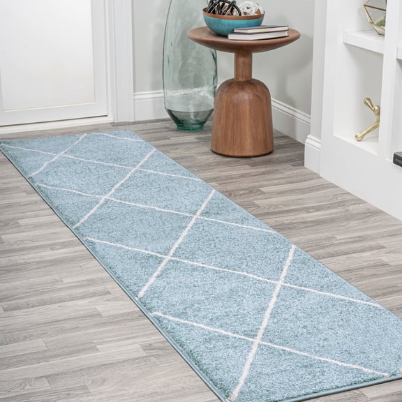 JONATHAN Y SUPERSOFT 2 x 8 Runner Rug, Cole Minimalist Diamond Trellis - Light Blue/White, SEU102C-28