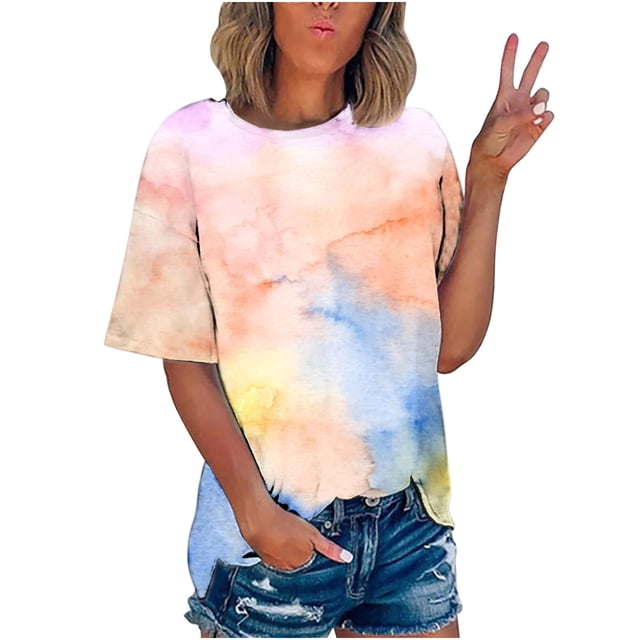Pompotops T-shirt Imprimé Mode Femme Manches Courtes Blouse Col Rond Hauts Décontractés Liquidation