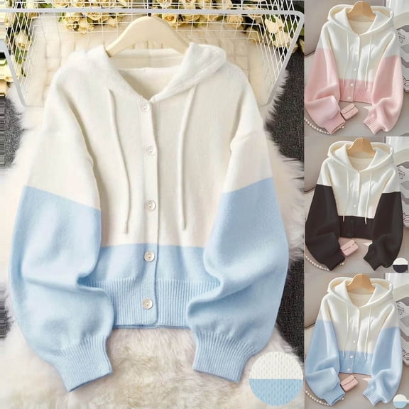 Idoravan Womens Sweater Cardigan Button Up Womens Sweater Cardigan with Hood Fashion Women's Solid Casual Blouses Ladies Tops Button Cardigan Hooded Sweater