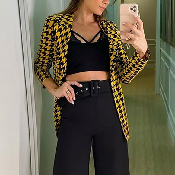 Aboser Women's Blazer Casual Houndstooth Plaid Jacket Fashion Button Cardigan Long Sleeve Lapel Blazers Work Office Fall Coat