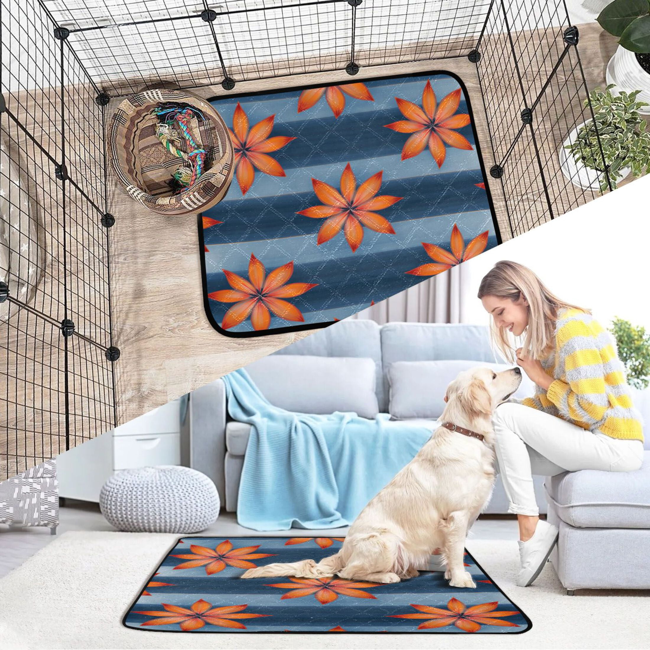 Washable Pet Pee Pads with Super Absorbent Reusable Training Pads for Dogs & Cats Orange Large Flowers