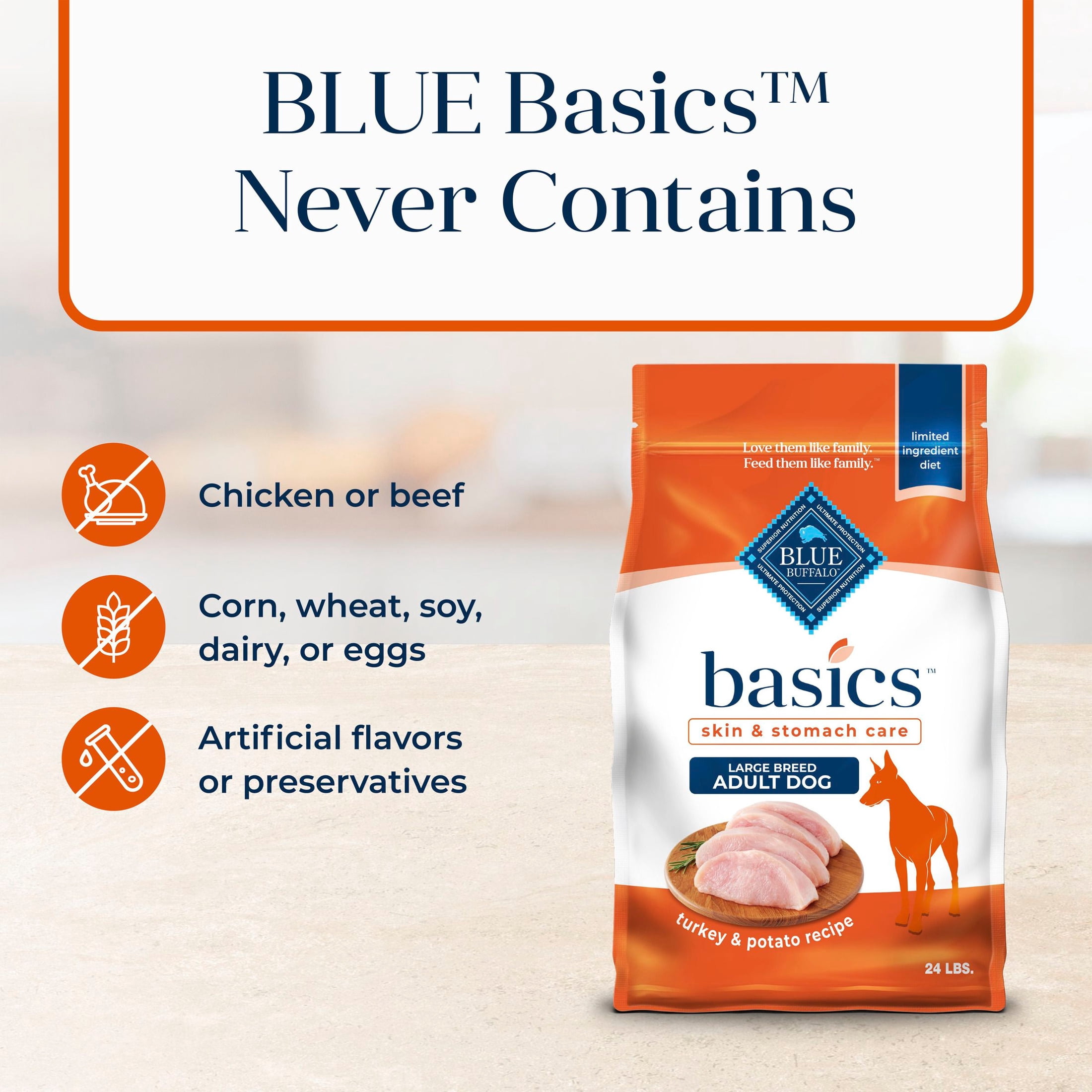 Blue Buffalo Basics Large Breed Dry Dog Food, Turkey, Chicken Free, 24lb Bag