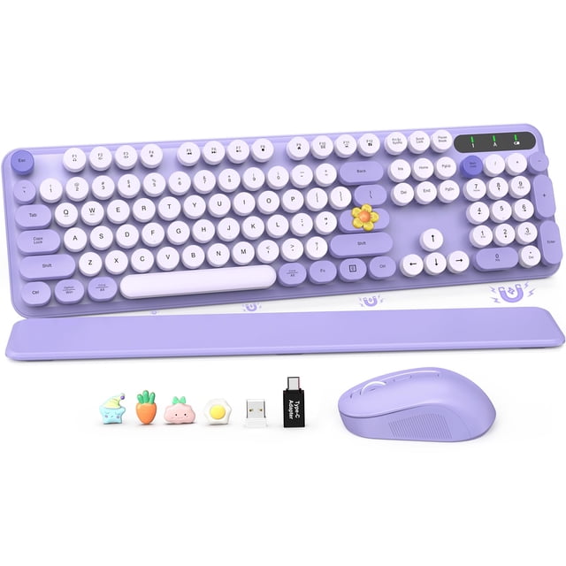 Combo Clavier et Souris Sans Fil, Touches Rondes Mignonnes, Clavier Rétro Pleine Grandeur pour Machine à Écrire avec Repose-Poignet Détachable, Connexion Sans Fil 2,4 GHz pour