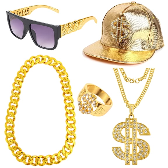 5pcs Hip Hop Costume Kit, Rapper Hat Sunglasses Gold Chain Dollar Sign Pendant Necklaces Ring, 80s/90s Outfit Accessories