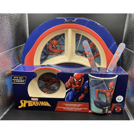 Marvel Spiderman Bamboo 5 Piece Dinnerware Set Plate Bowl Cup Fork Spoon