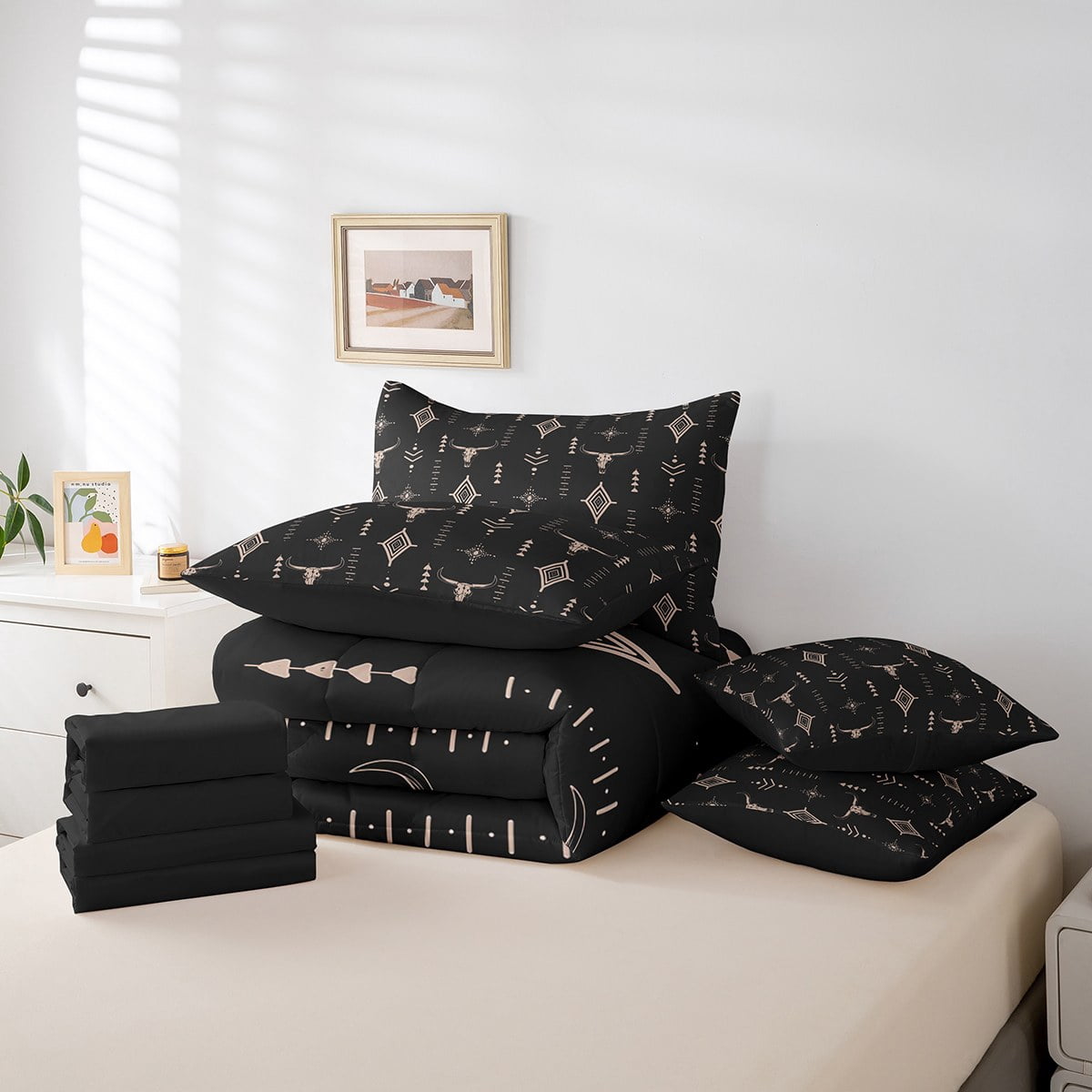 Erosebridal 7 Pieces Aztec Tribal Bedding Queen Size,Western Style Queen Bed Set Skull,Bull Skull Comforter Sets With Sheets,Black Reversible,Breathable Exotic Room Decor