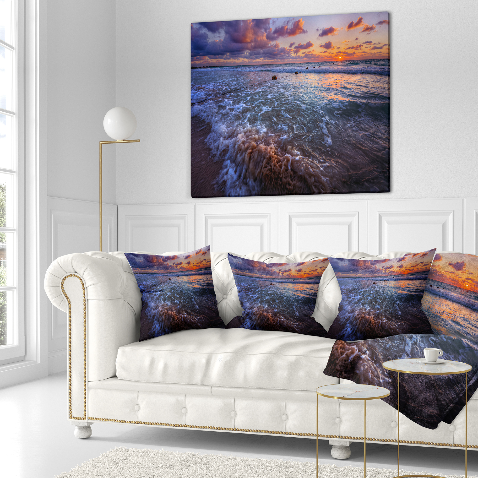 Designart Cloudy Sky and Stormy Waves - Seashore Throw Pillow - 16x16