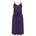 thumbnail image 3 of Efsteb Summer Office Dresses For Women Spaghetti Strap V-Neck Drawstring Waist Midi Dress Solid Color Casual Dress with Side Pockets (Purple,S), 3 of 4