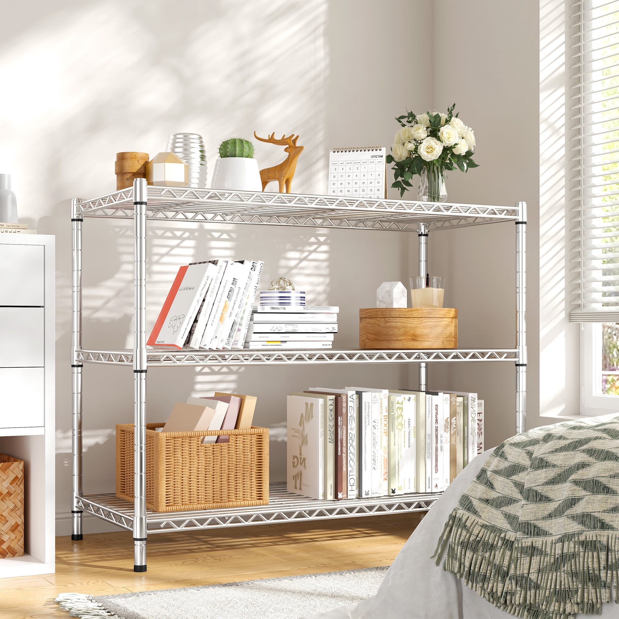 REIBII 35.5"W Wire Shelving Unit,3-Tier Heavy Duty Metal Storage Rack,Adjustable Shelf Organizer for Kitchen,Pantry,Silver