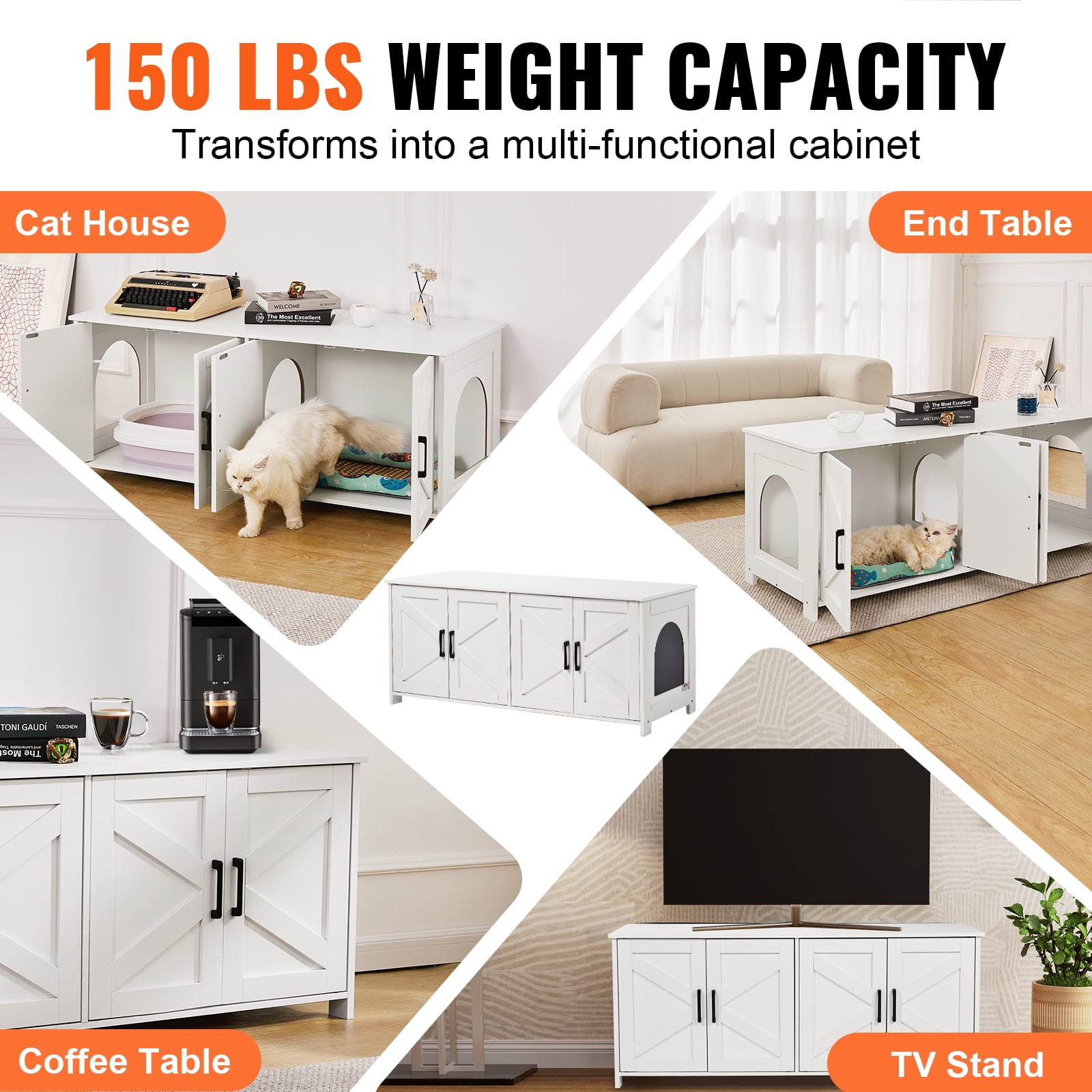 VEVOR Cat Litter Box Enclosure for 2 Cats, Litter Box Furniture Hidden with Double Rooms, Wooden Cat Box Cabinet Fit Most of Litter Box, 47.2"L x 18.5"W x 19.7"H, White