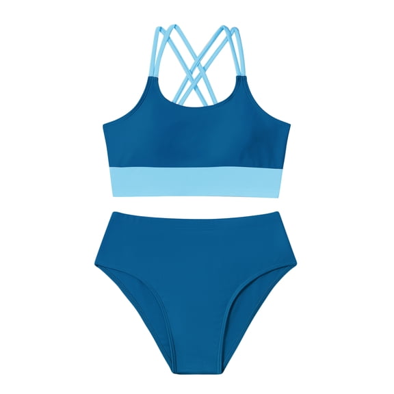 Kucnuzki 13 Years Big Girl Swimsuit 14 Years Tween Girls Bikini Set with Chest Pad Color Block Bathing Suit 2pcs Girls' Swimwear Blue
