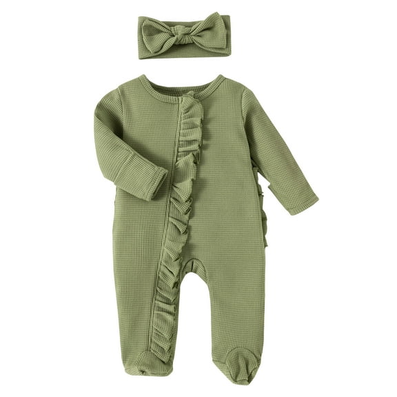 Newborn Baby Girl Boy Footies Onesie Ribbed Waffle Romper 3M 6M 12M Long Sleeve Zippers Ruffle Jumpsuit Fall Winter Clothes