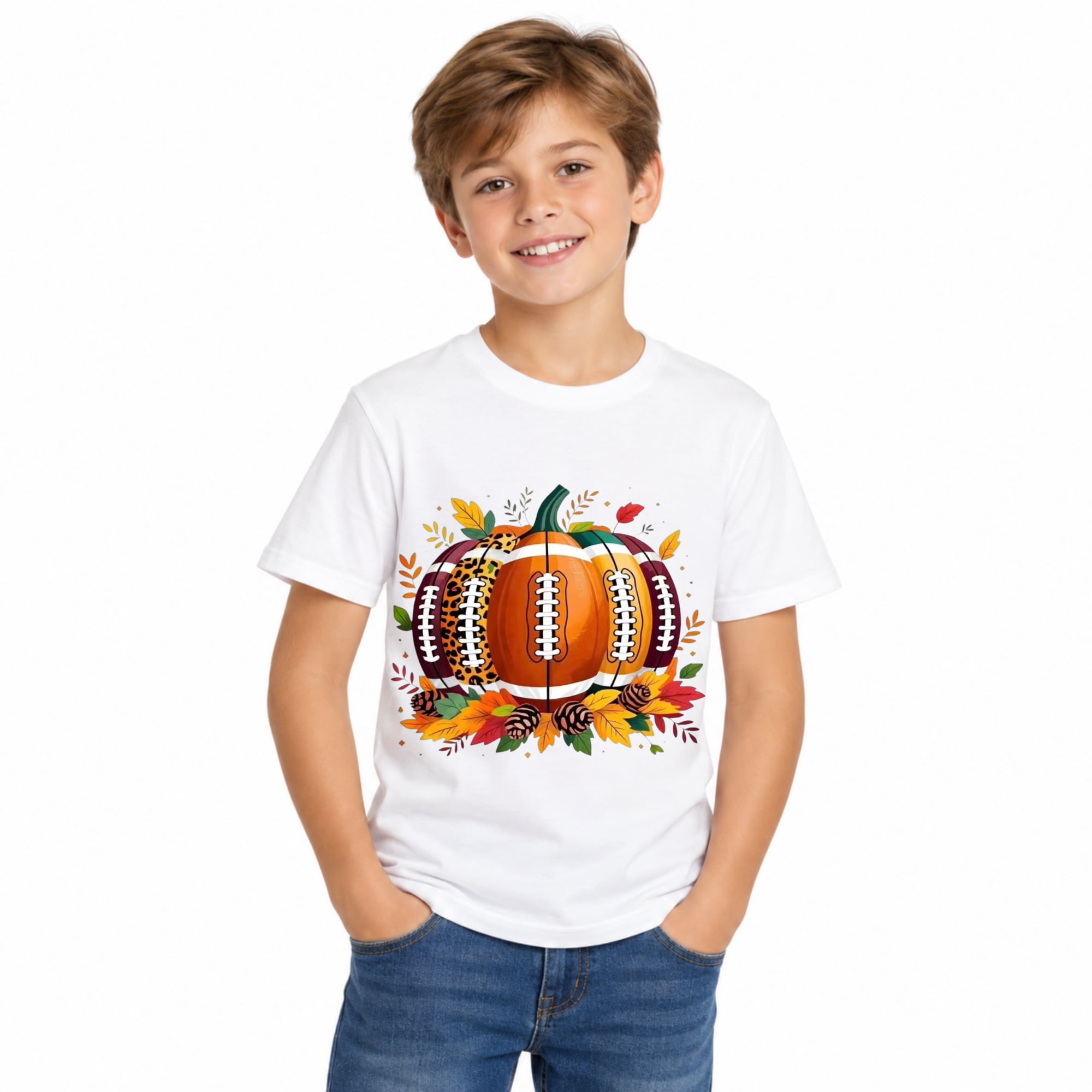 Boys Thanksgiving Football Pumpkin Graphic T-Shirt Fall Sports Short Sleeve Shirt