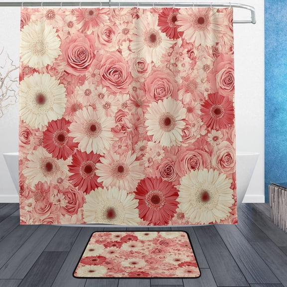 BZSMCE Shower Curtain and Bath Accessory Set,Pink Flowers Pattern